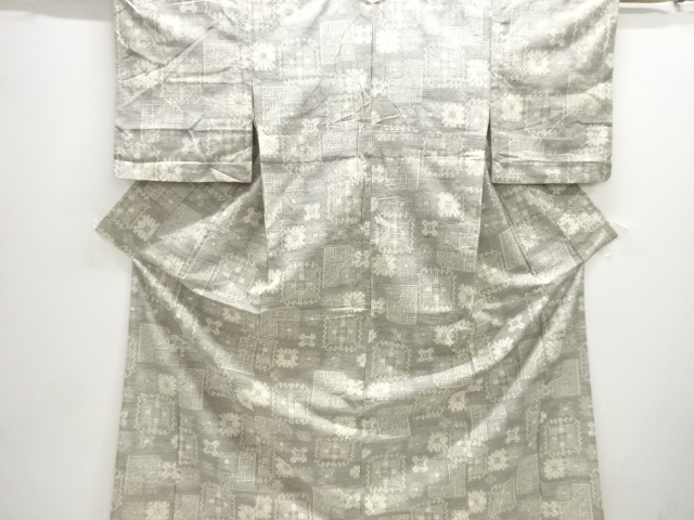 JAPANESE KIMONO / ANTIQUE HITOE KIMONO / SILK / SHIBORI / HAND WOVEN TSUMUGI / ABSTRACT FLOWERS